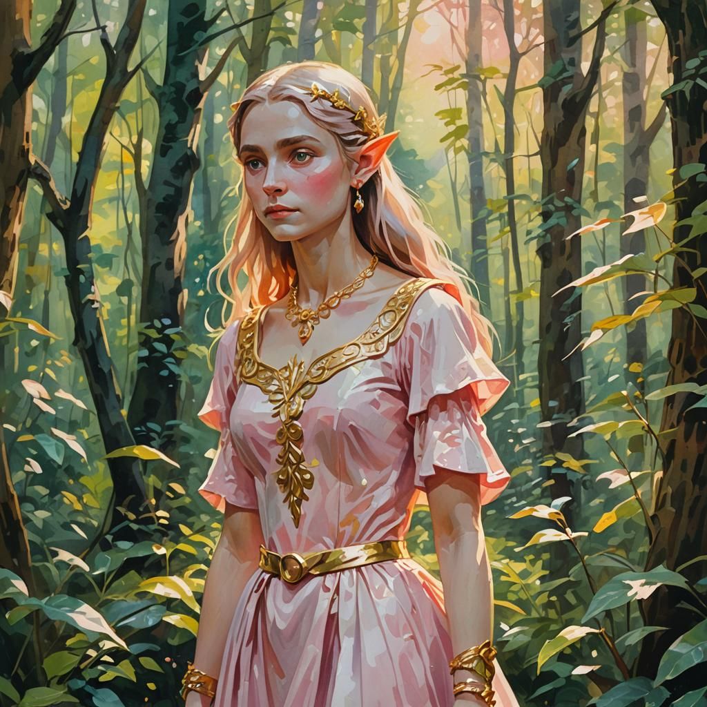 Elf in Forest: Impressionist Gouache Style Portrait