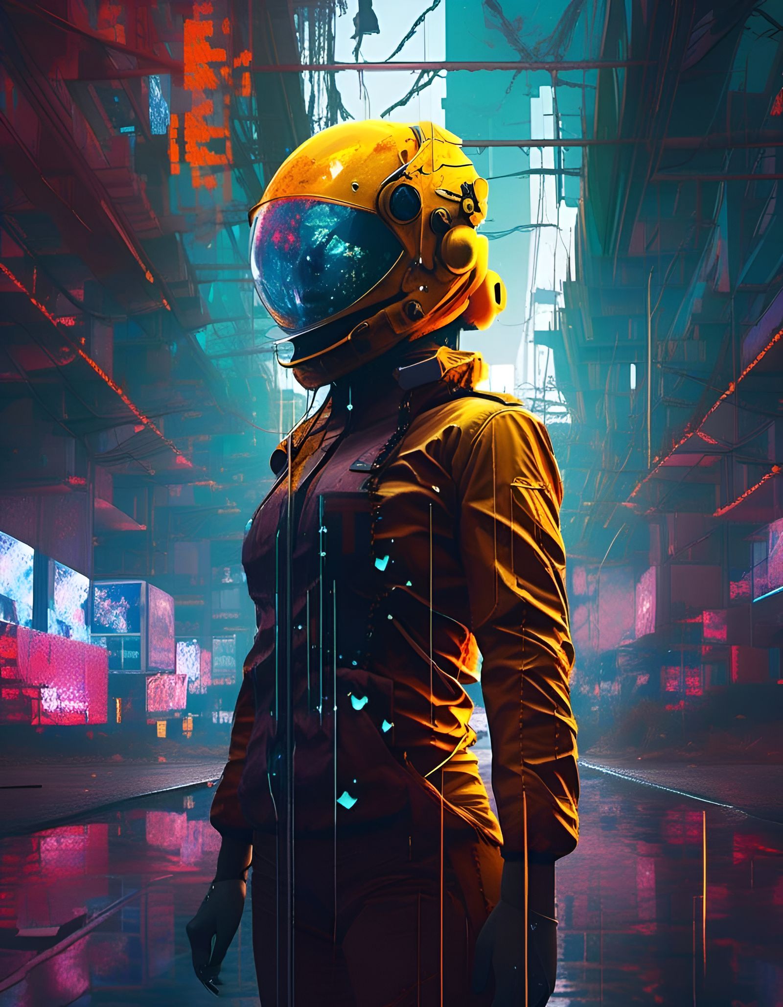 Cyberpunk Mech Quantum Entanglement Double Exposure