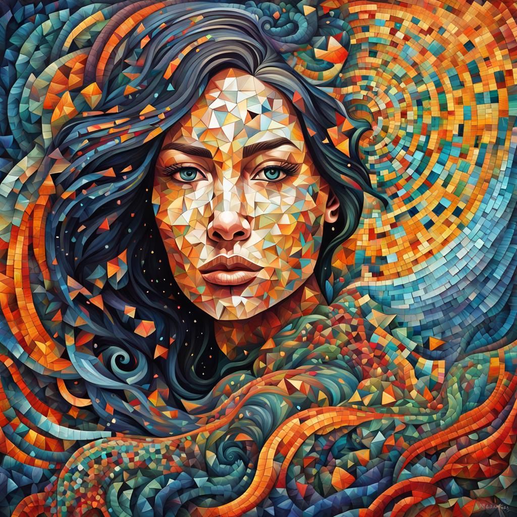Mosaic Woman Portrait in Geometric Abstract Style