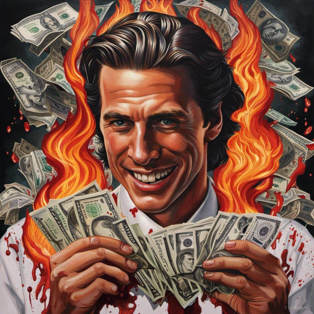 Patrick Bateman with Burning Money in Rockwell Style