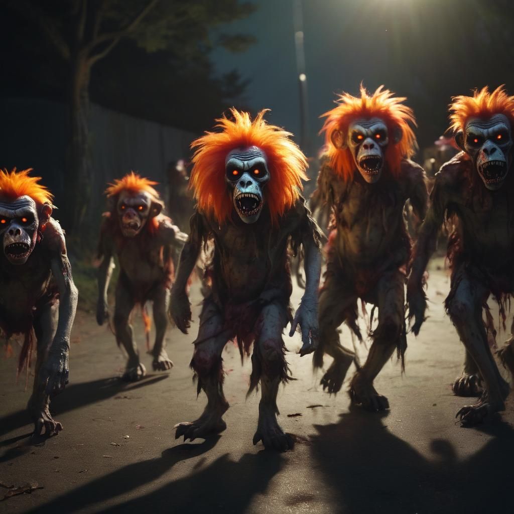 Zombie Monkey Clowns Walking Dogs in Dark Surrealism