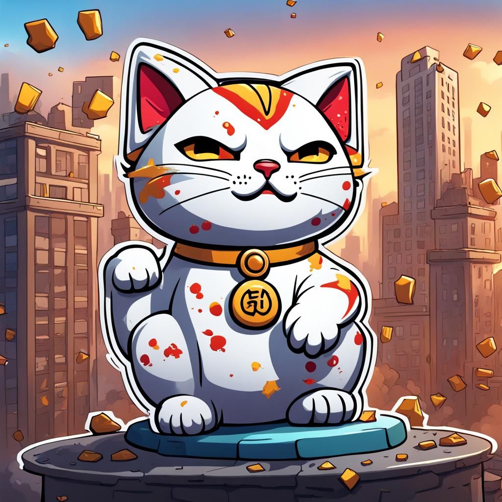 Cute Lucky Cat Cartoon Sticker with City Explosion