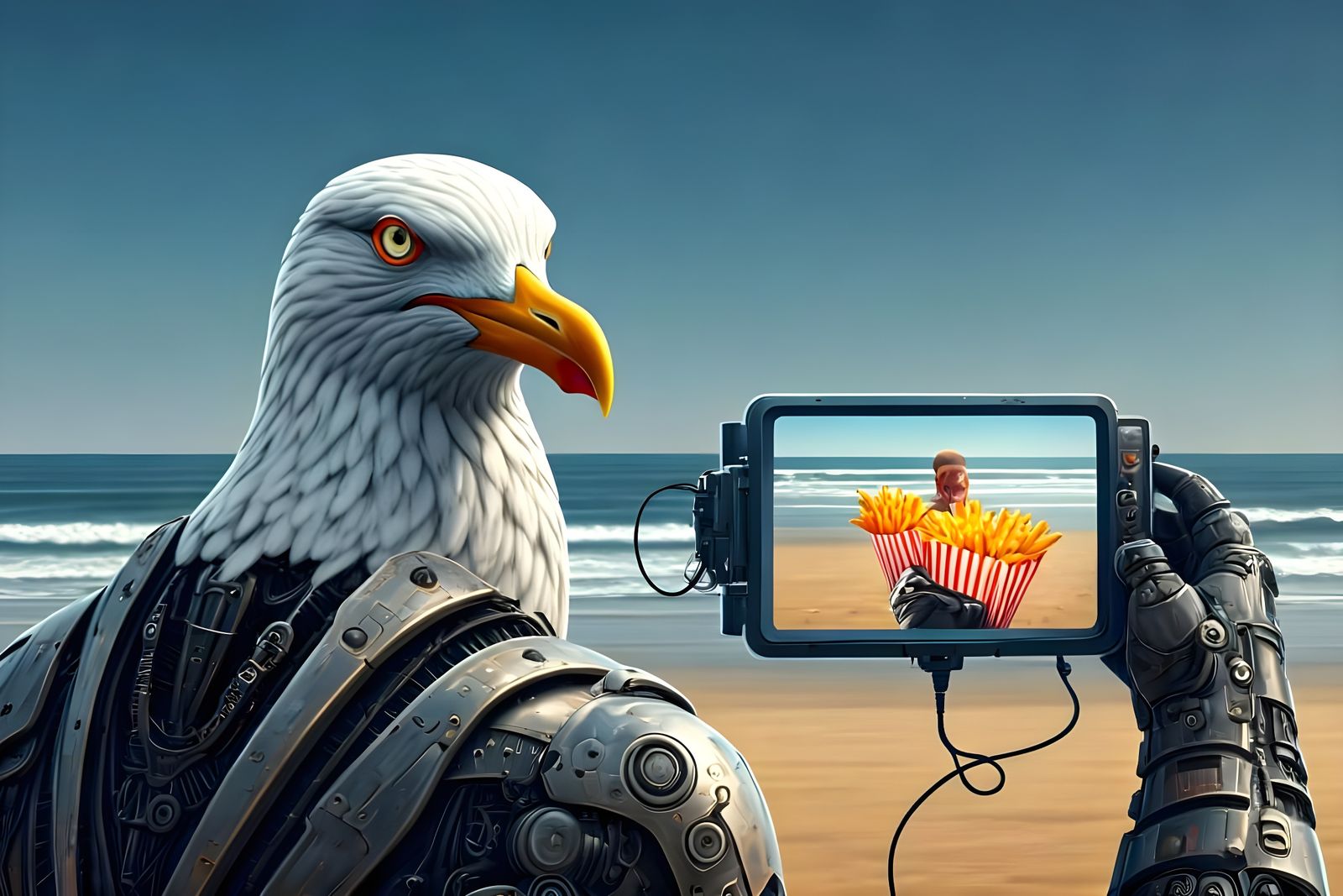 Cyborg Seagull on Villain's Shoulder, in Sci-Fi Style