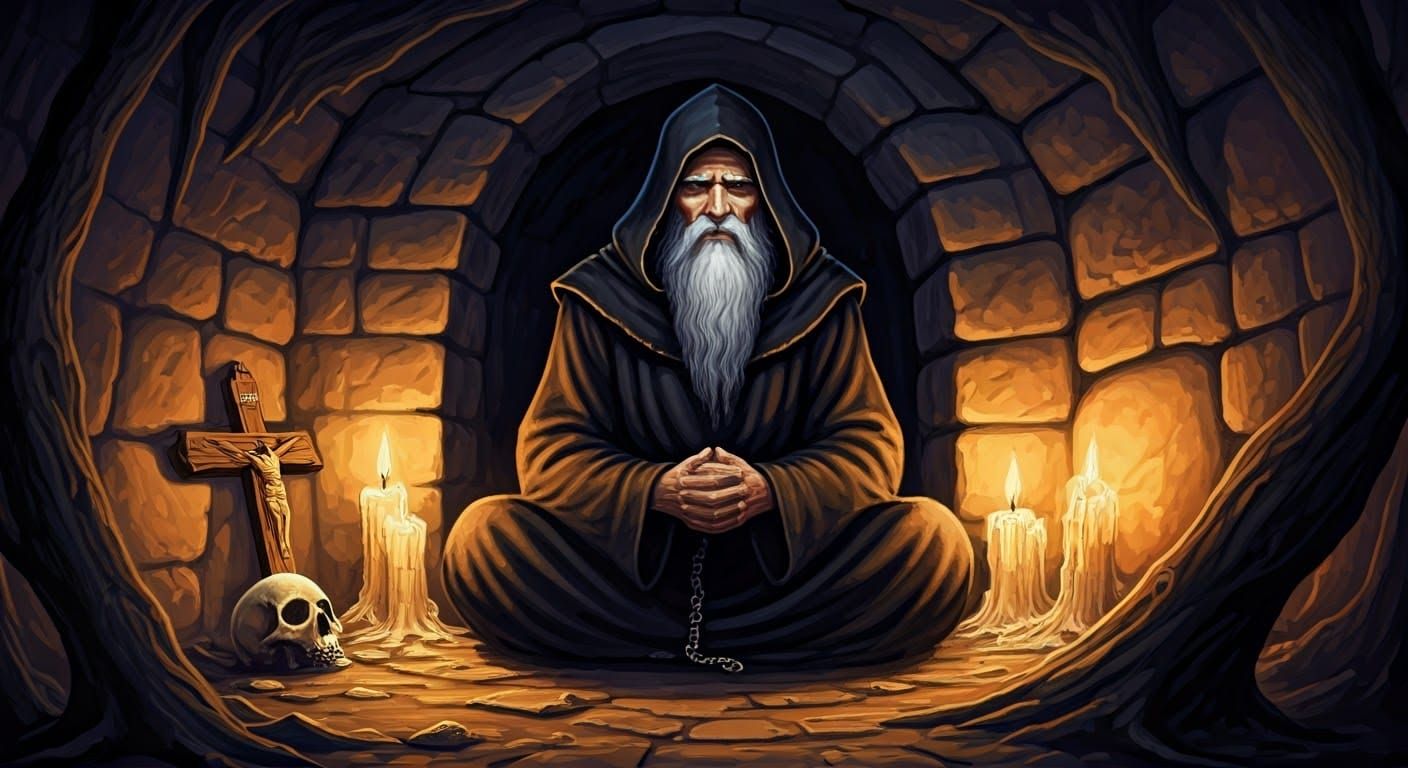Hermit Meditating in Dark Cave: 1970s Fantasy Art