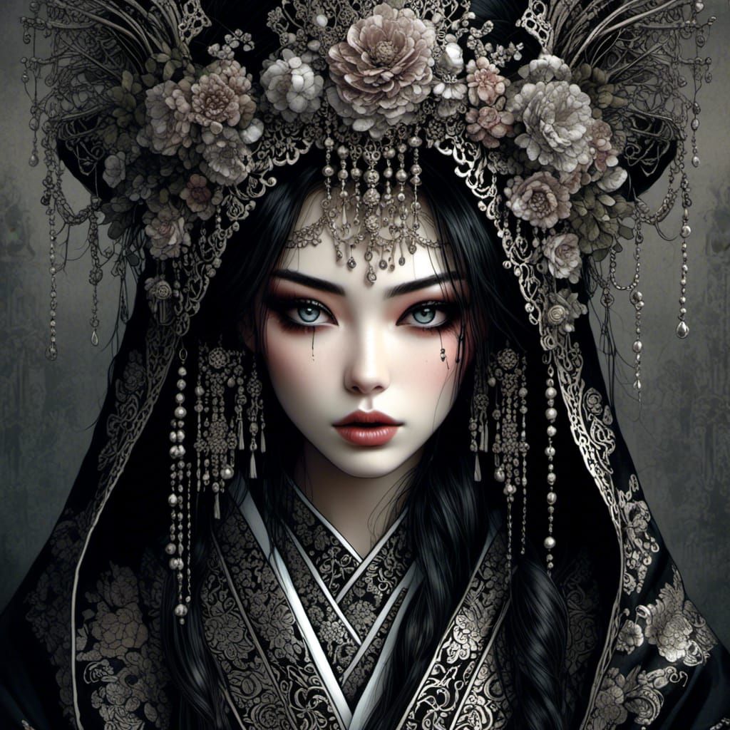 Gothic Geisha in Dark Night Garden