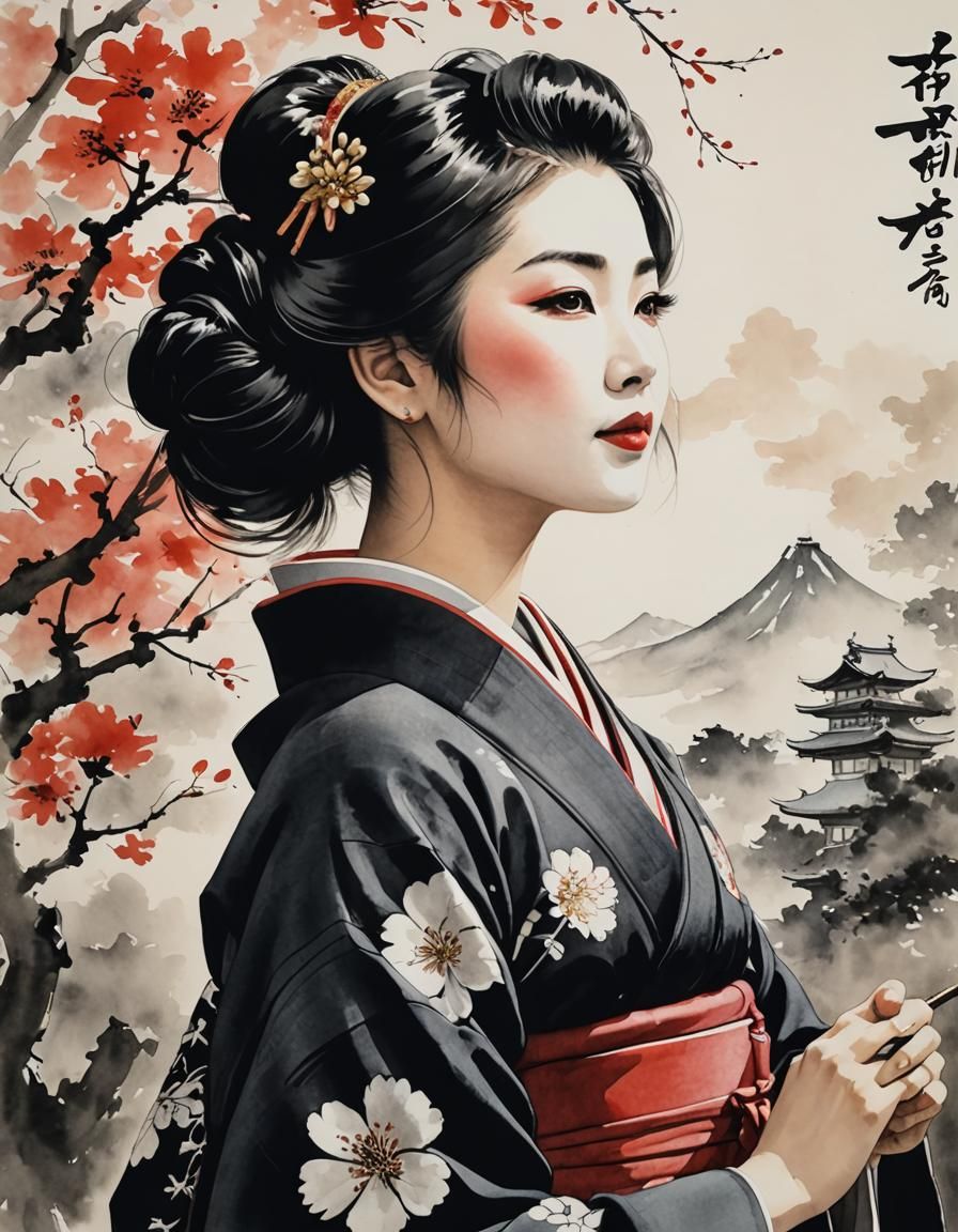 Geisha in Kimono: Japanese Ink Painting Portrait