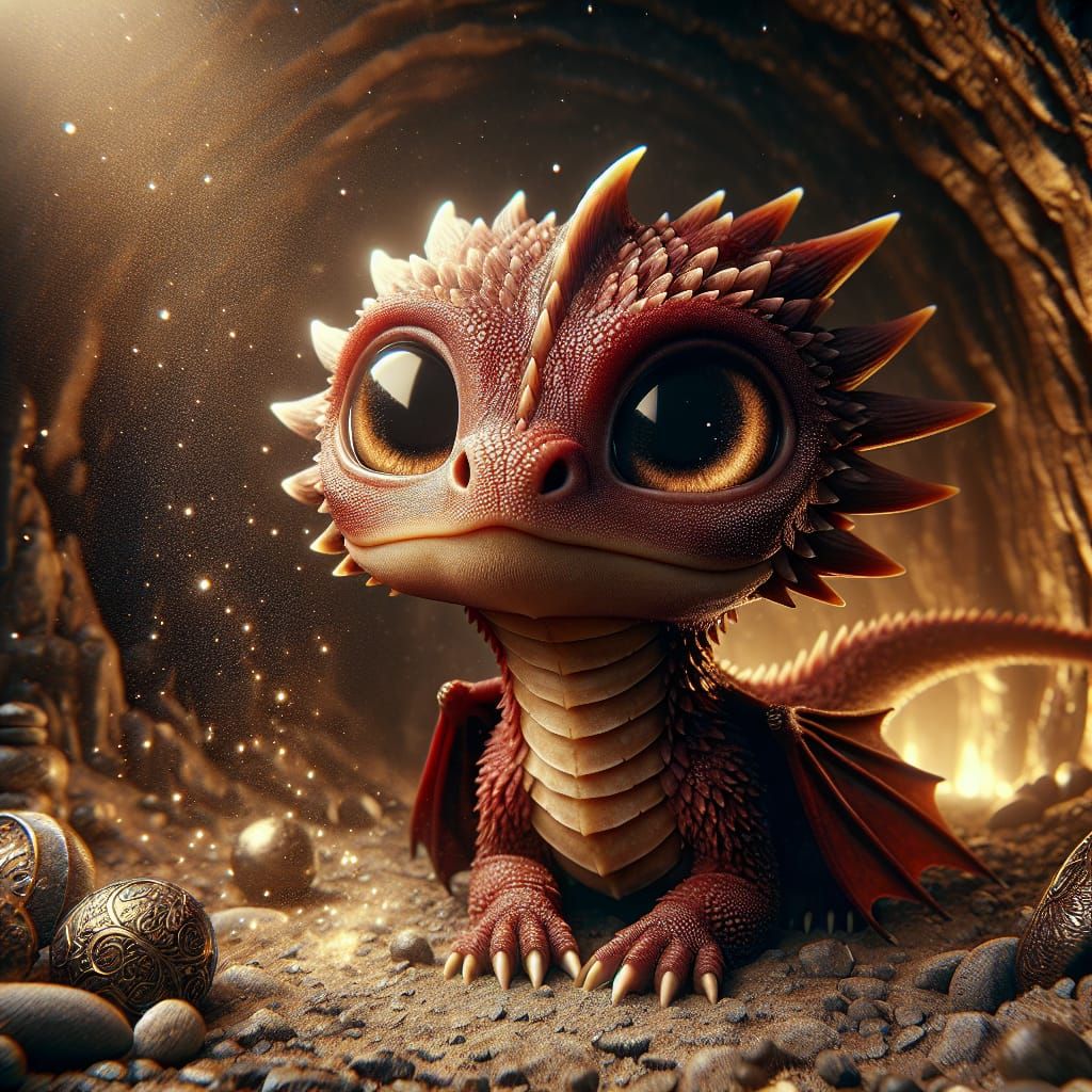Hyper-Realistic Baby Red Dragon in a Cave