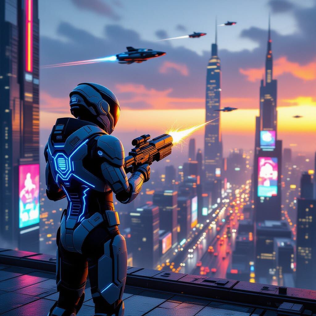 Cyberpunk Cityscape at Golden Hour