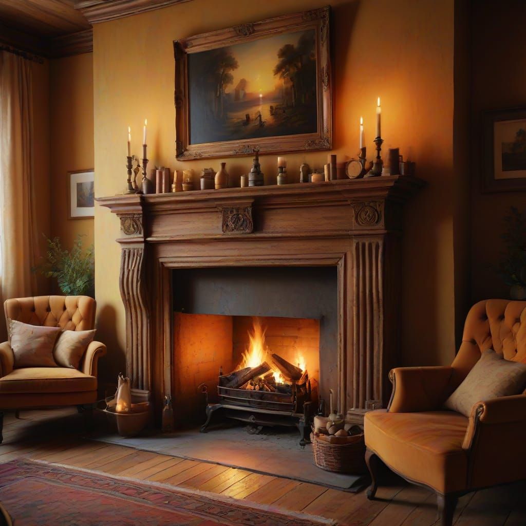 Warm Fireplace Glow in Oil Painting Style