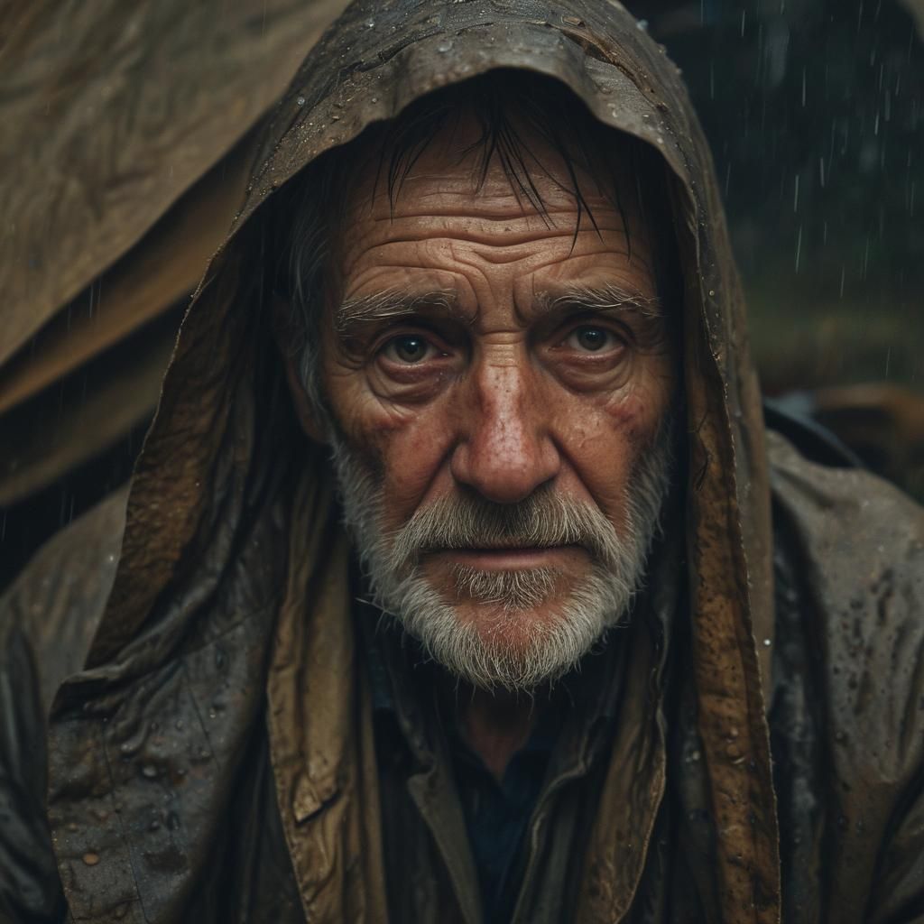 Rainy Wilderness: Old Man in Tent, Cinematic Lighting
