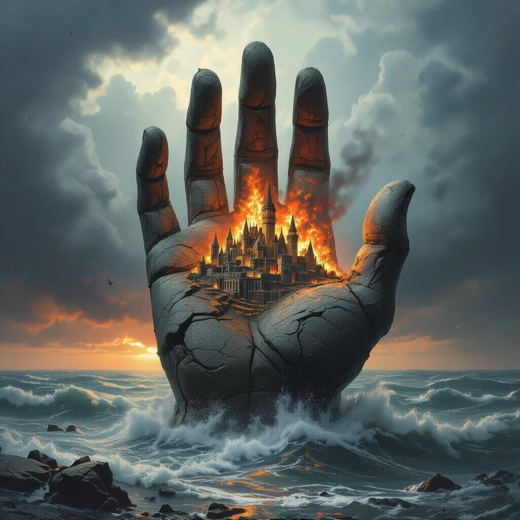 Colossal Stone Hand Holds Burning City From Stormy Sea