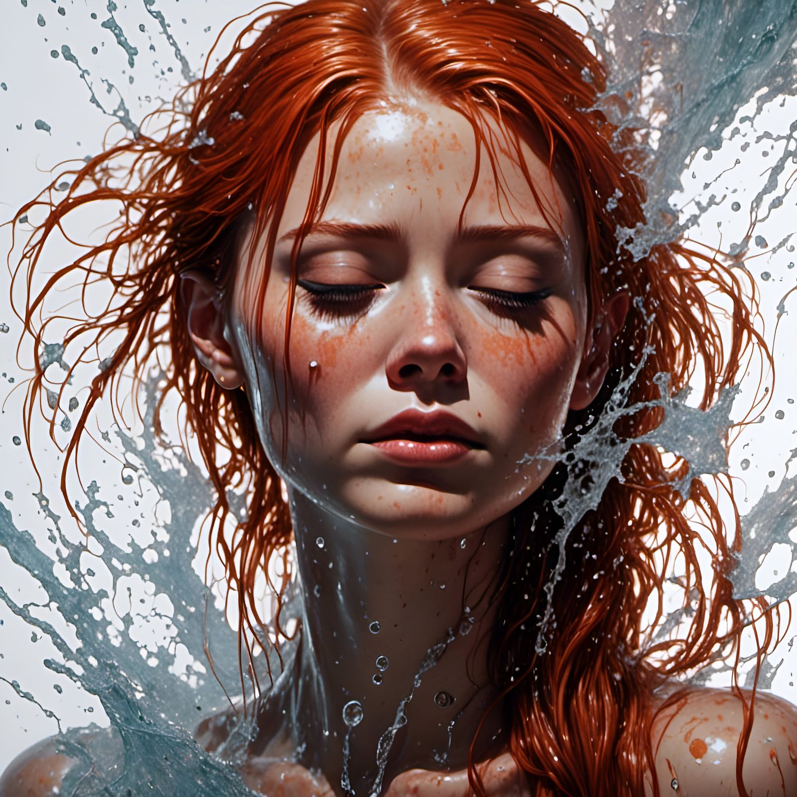 Redhead with Water Droplets in Graffiti Style