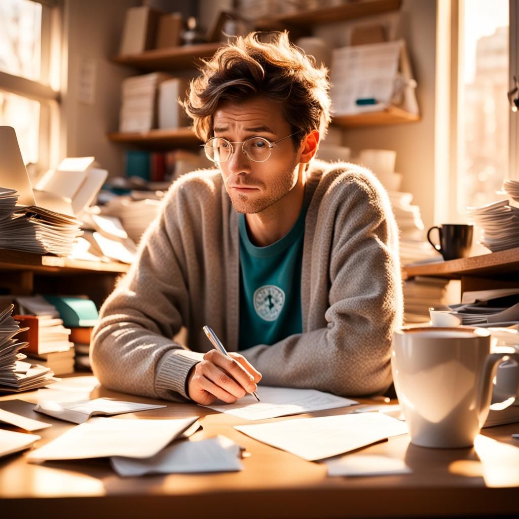 Realistic Life: Tired Person at Cluttered Desk