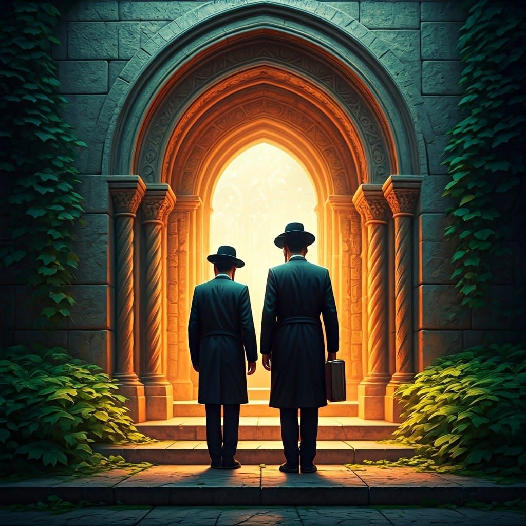 Yeshiva Students at Entrance in Fantasy Art Style