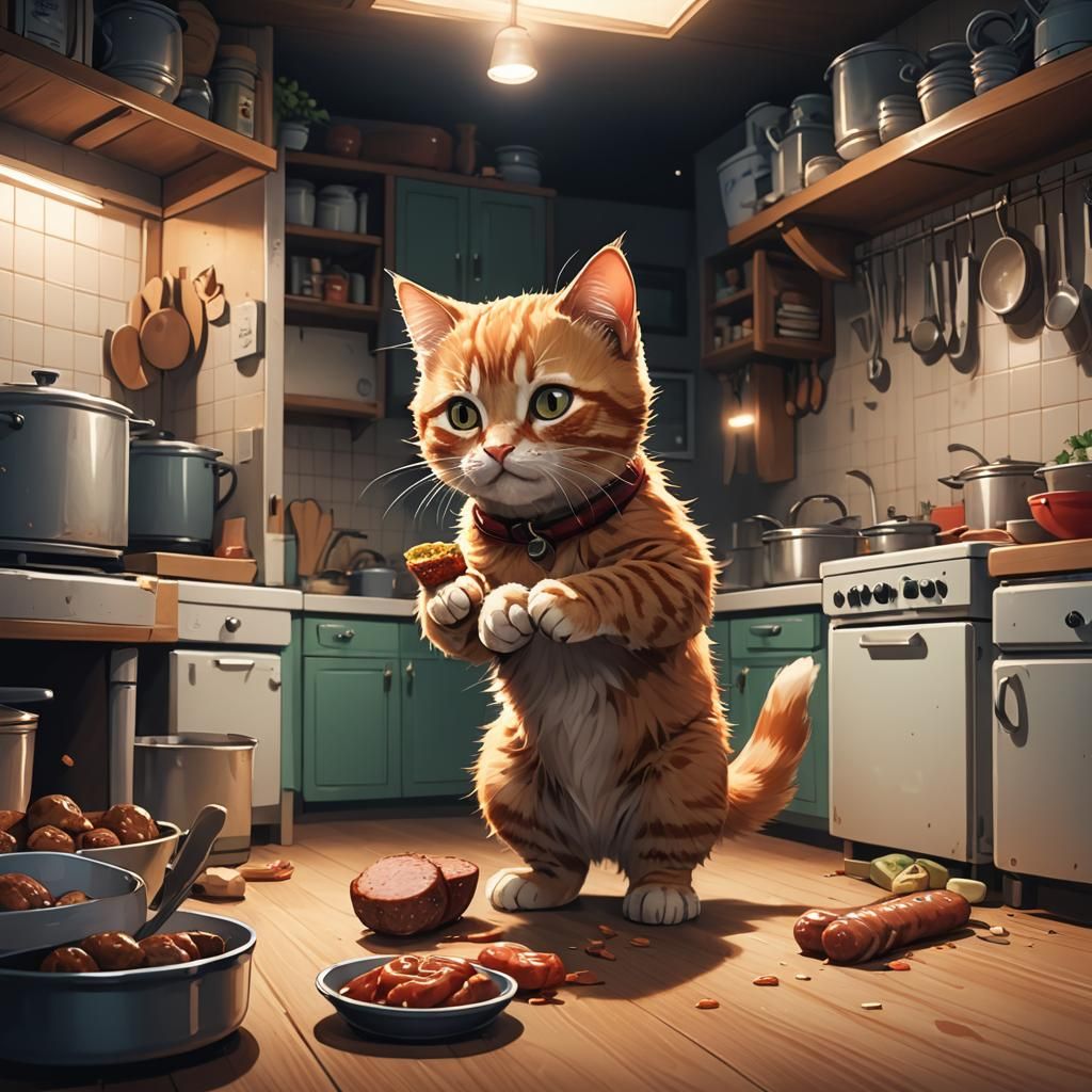 Ginger Kitten's Nighttime Sausage Heist: Anime Style