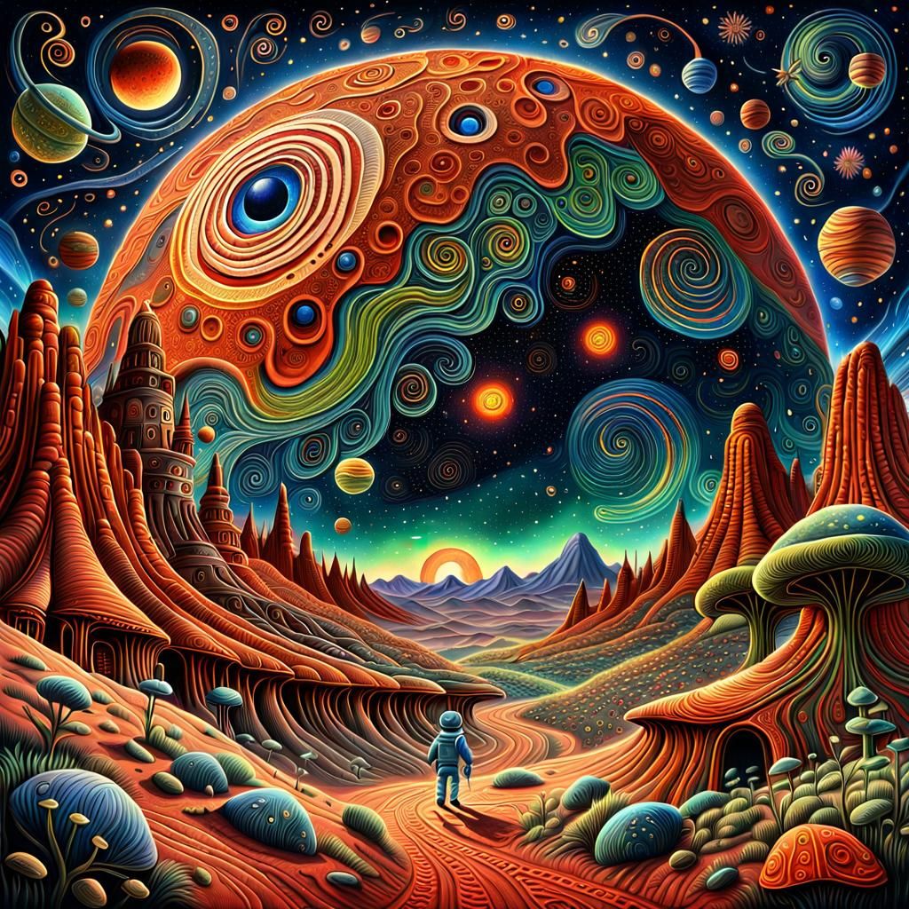 Fantasy Painting of Planet Mars with Fireflies