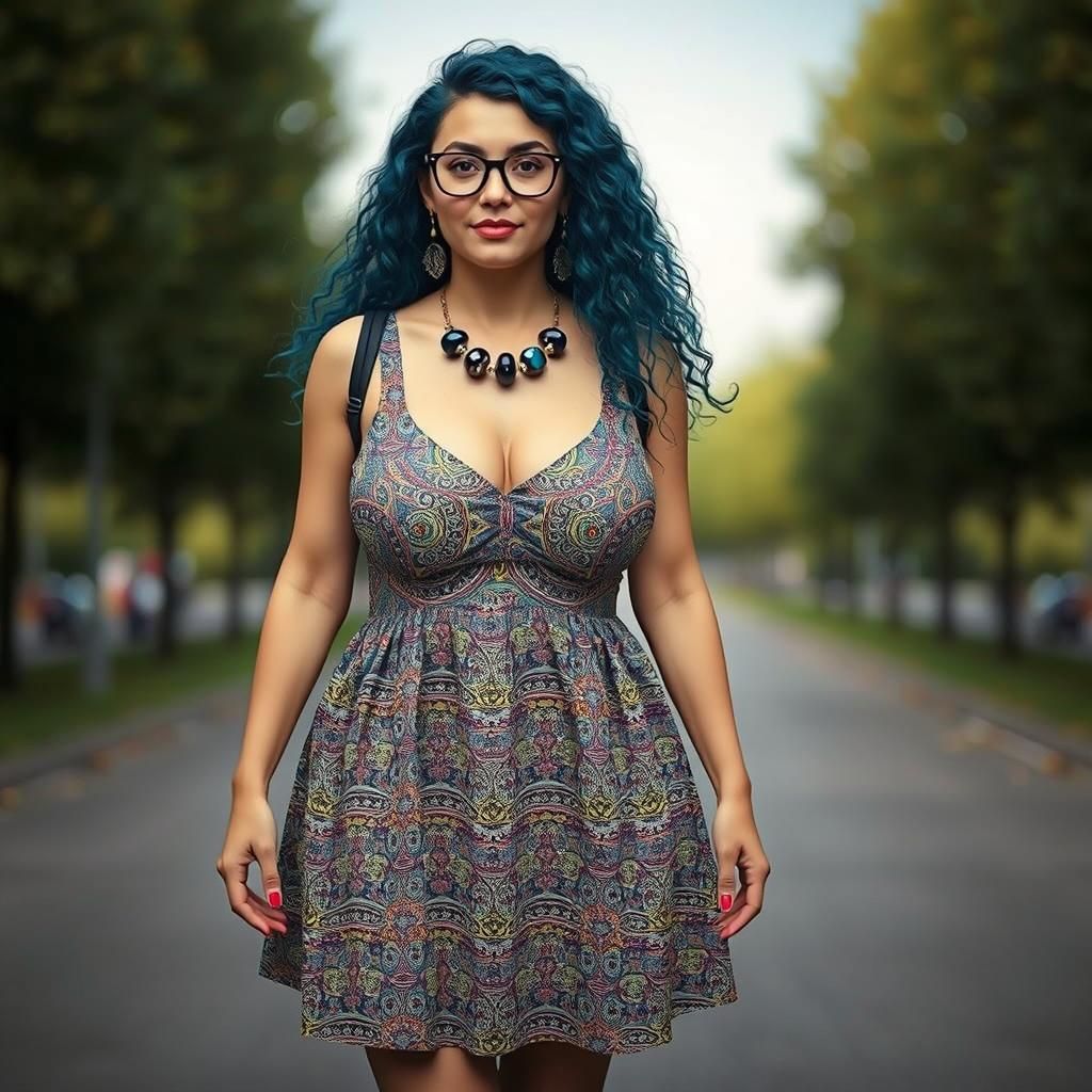 Young Woman in Zentangle Dress on Summer Walk
