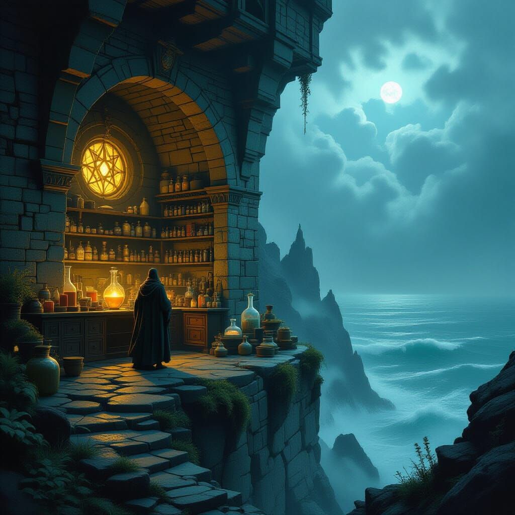 Dark Fantasy Alchemist Tower on Stormy Sea Cliff