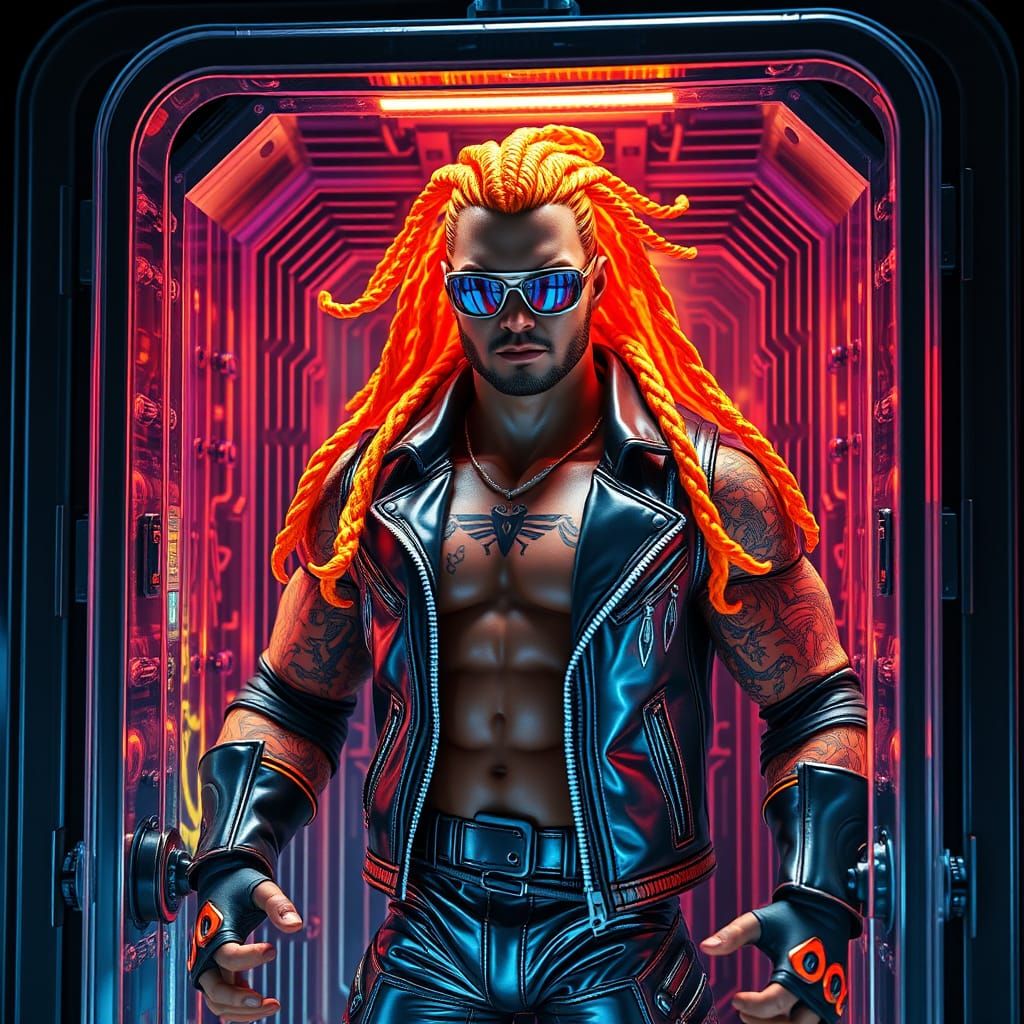 Cybernetic Warrior Action Figure in Neon-Lit Cryogenic Chamb...