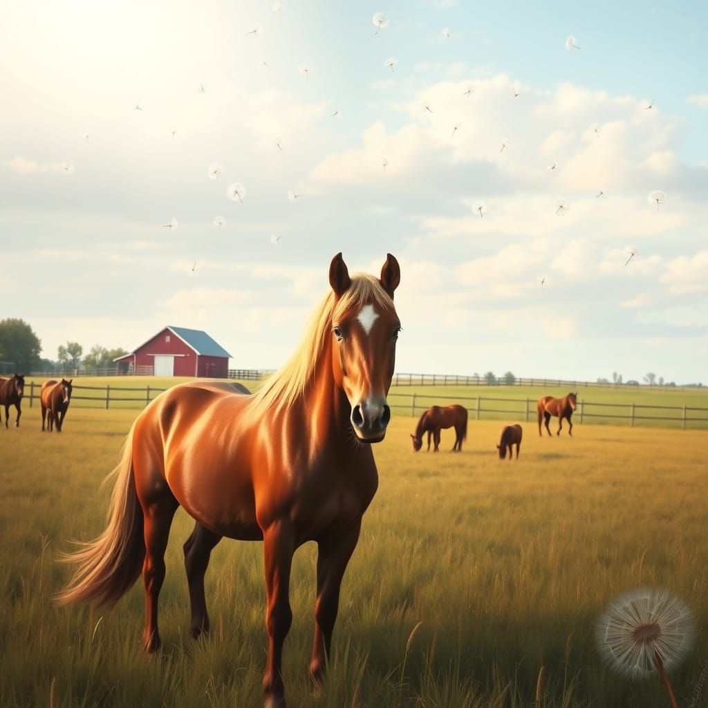 Serene Rural Landscape with Grazing Horses and Floating Dand...