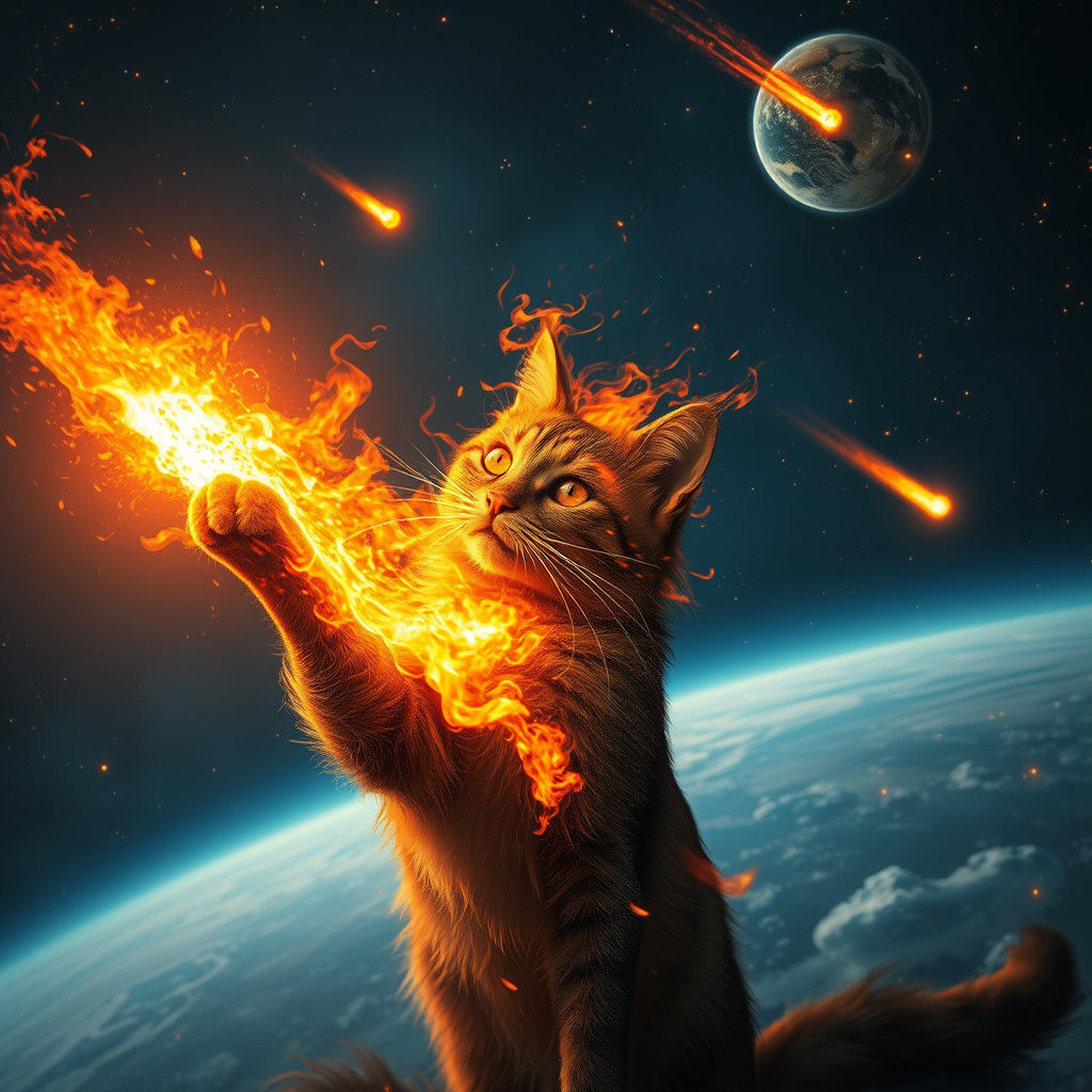 Fiery Meteors Engulf Earth with Burning Cat