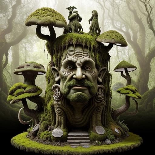 Surreal Stone Face Monument in Fantasy Forest