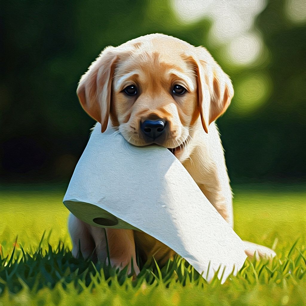Golden Labrador Puppy Plays with Toilet Paper in Garden