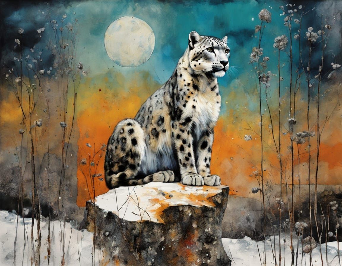 Snow Leopard in Vibrant Tangerine Night