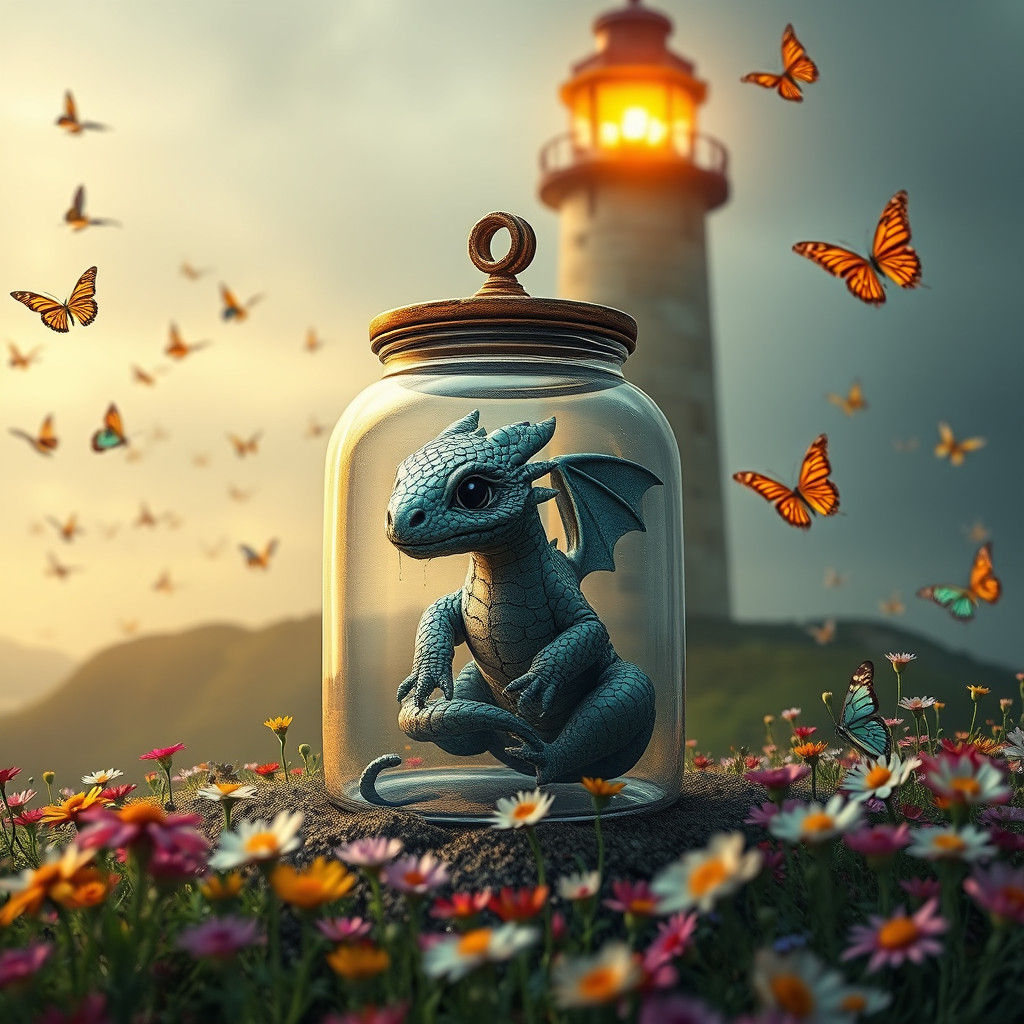 Enchanted Dragon in a Whimsical Lighthouse Scene
