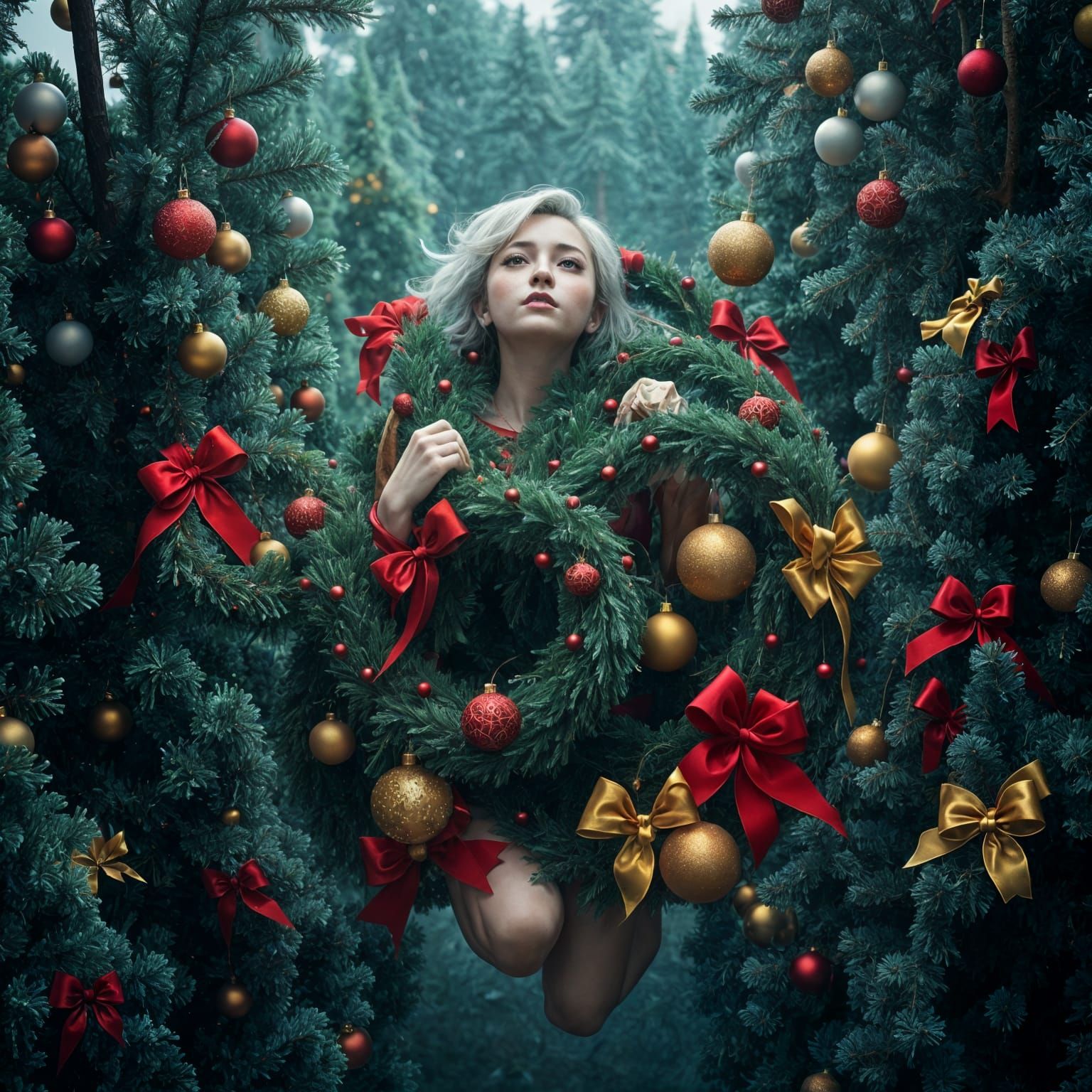 Surreal Christmas Goddess in a Forest of Trees