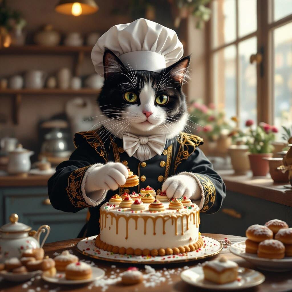 Tuxedo Cat Chef Decorating Cake, Whimsical Art