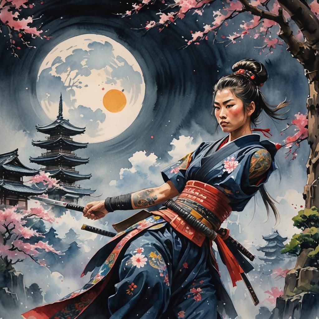 Female Samurai in Japanese Temple as Gouache Painting