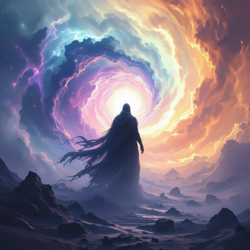 Ethereal Figure Emerges from Cosmic Vortex