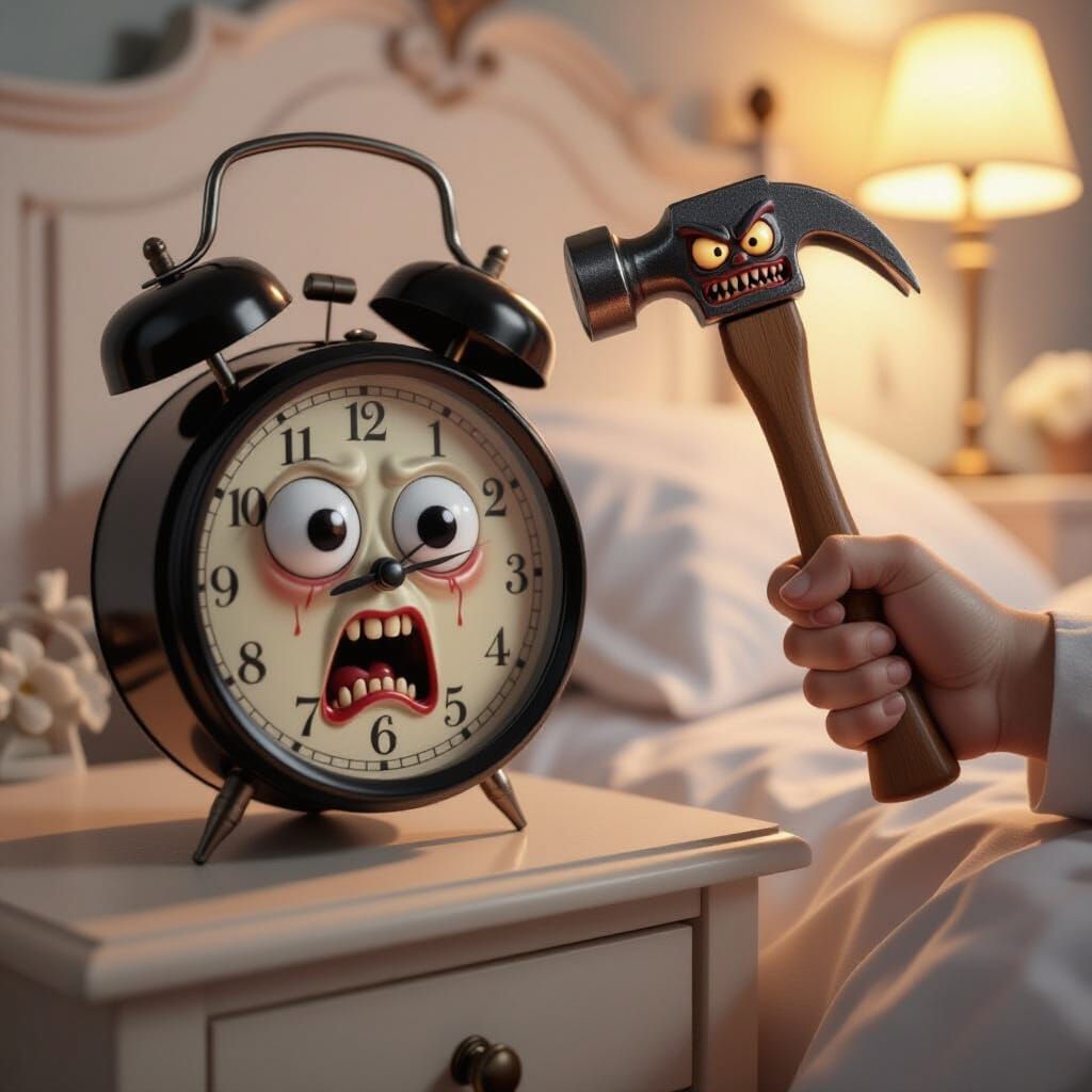 Terrified Vintage Alarm Clock Faces Doom