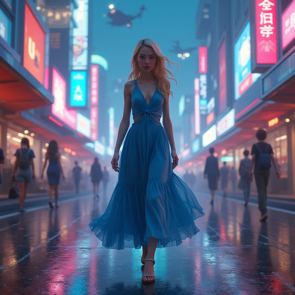 Girl in Blue Dress on Neon-Lit Futuristic Street