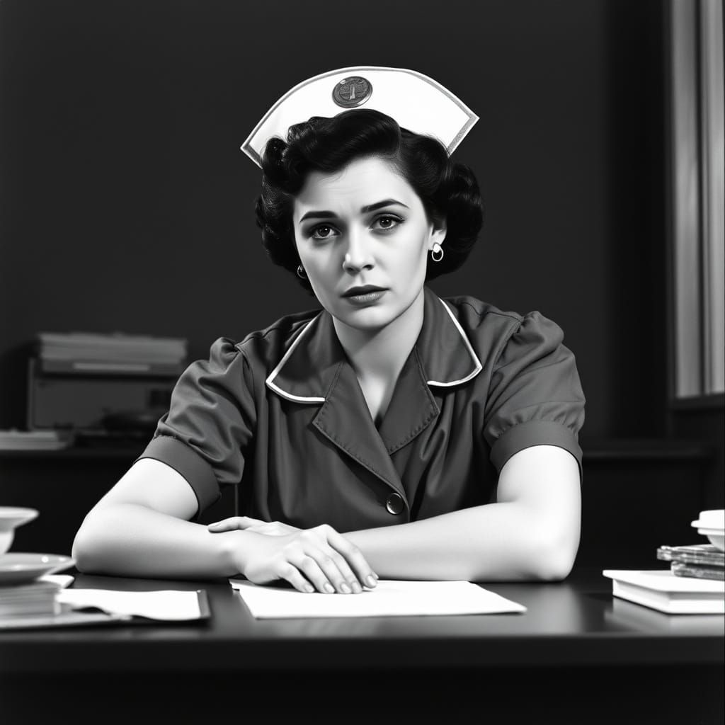 1950s Nurse: A Black and White Image of Fatigue