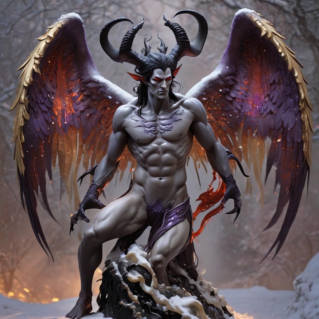 Statuesque Man with Red Horns and Purple Wings