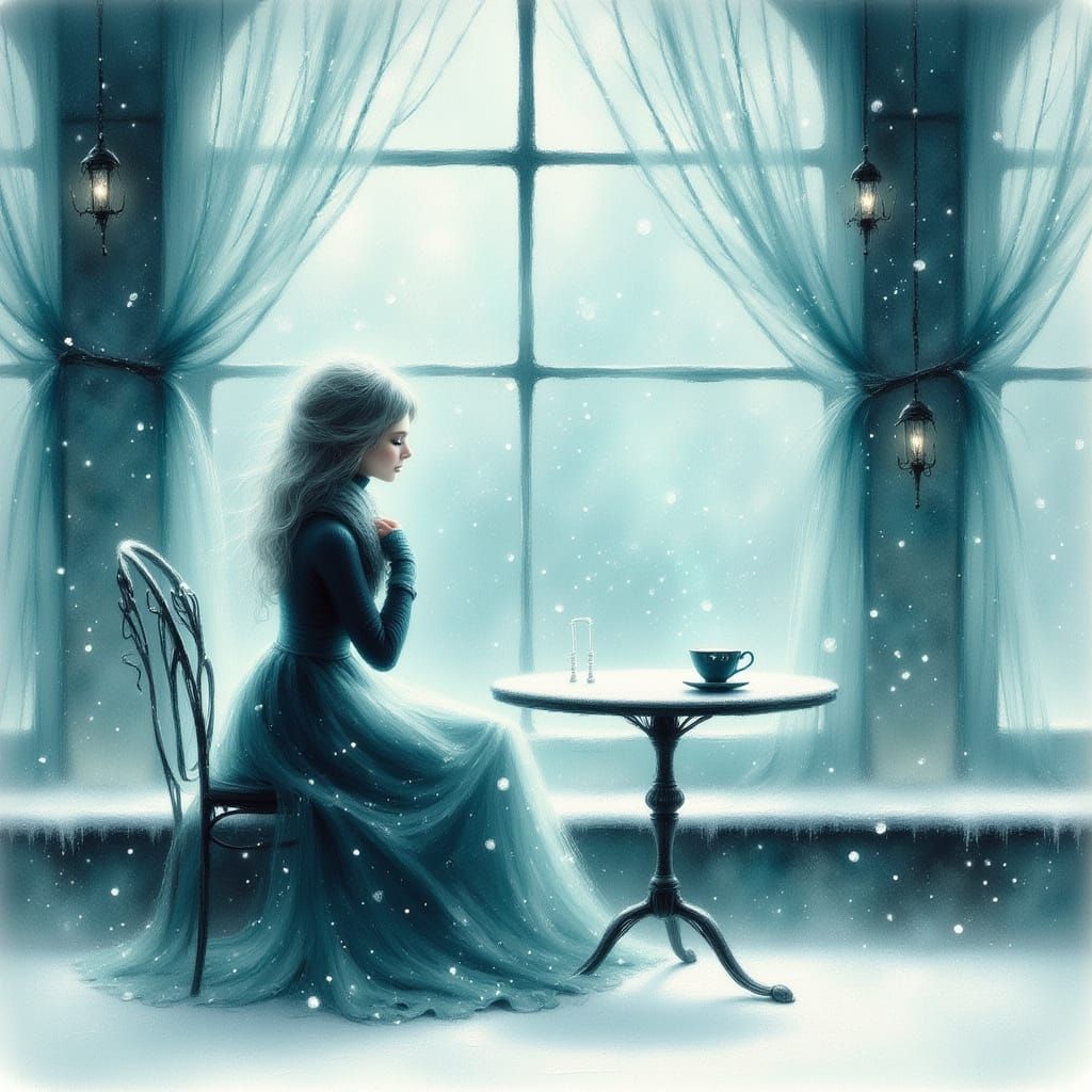 Dreamy Watercolor of Woman Gazing at Snow