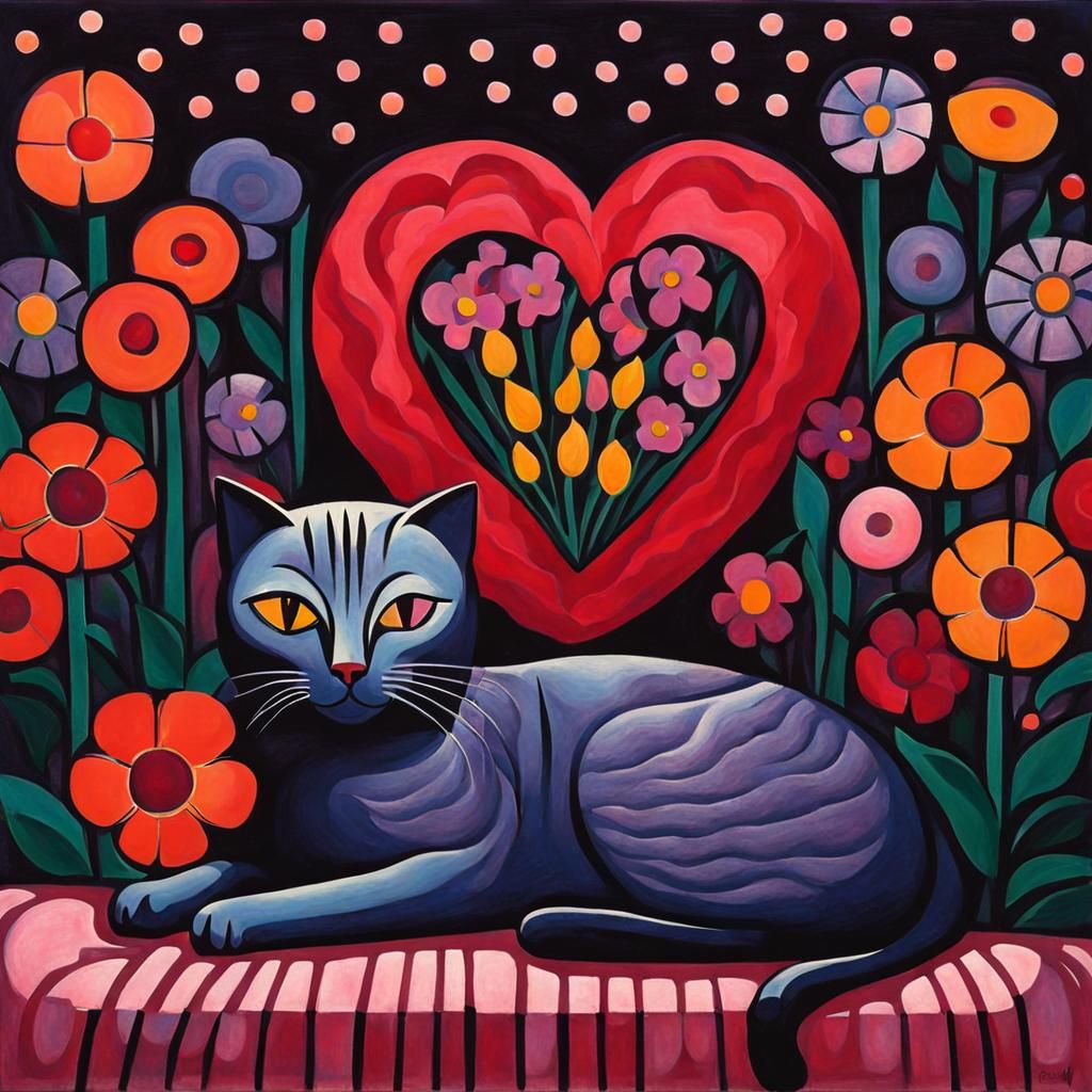 Cute Cat with Flowers in Social Realism Style
