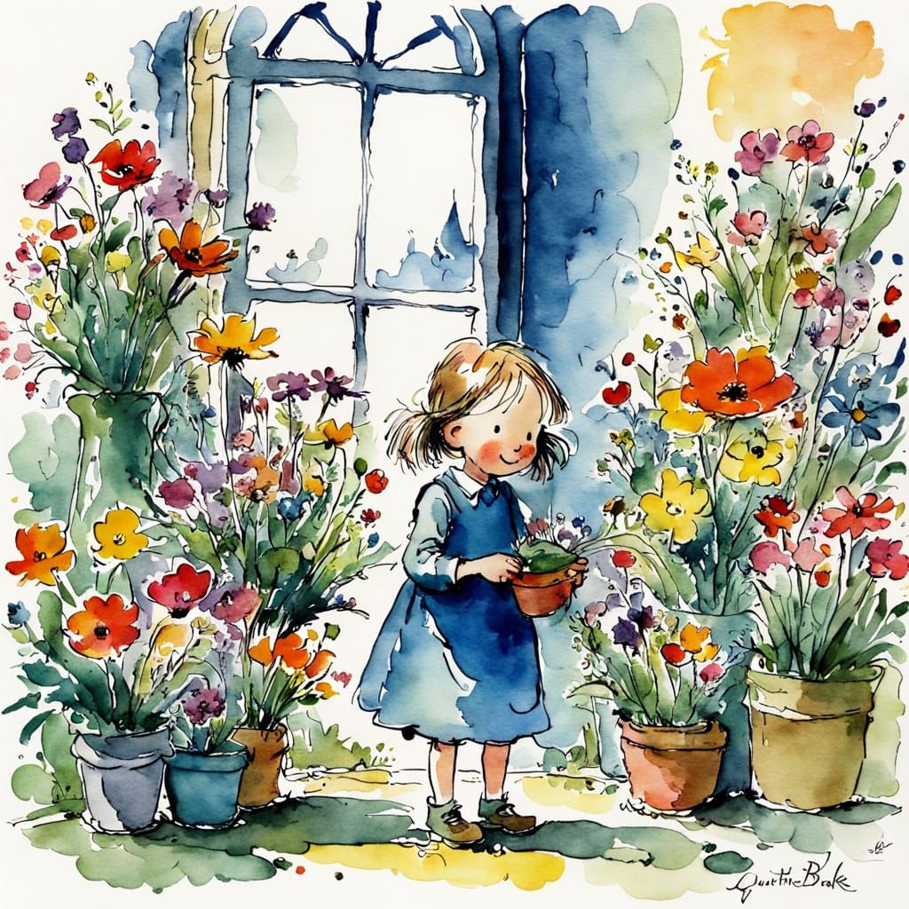 Enchanting Little Florist in a Whimsical Watercolour Style