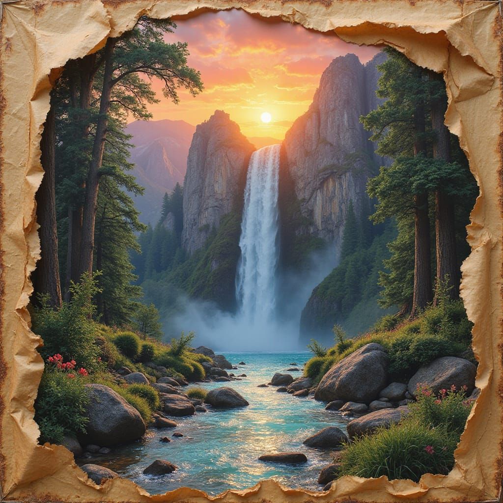 Cathedral Sunset Waterfall on Ancient Parchment