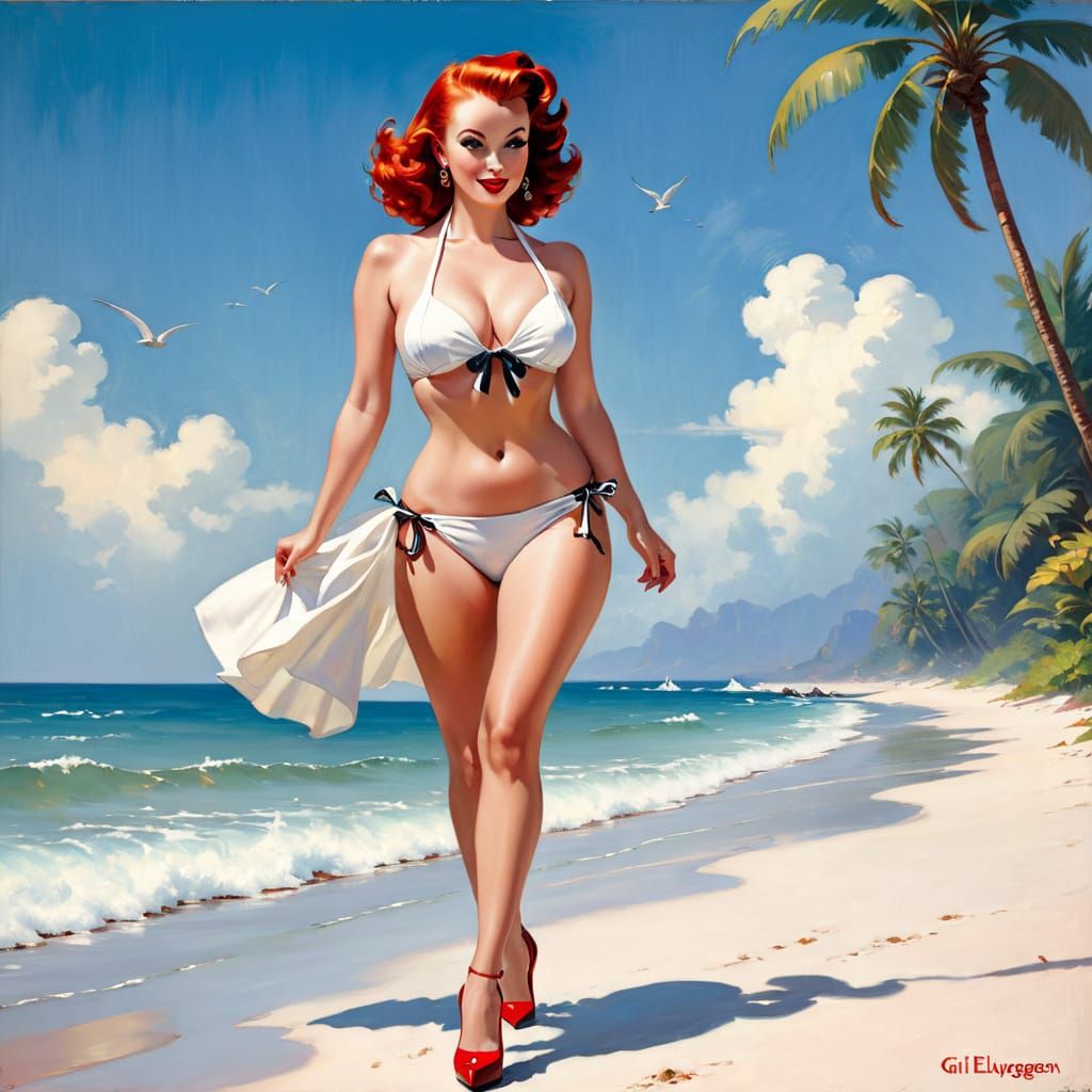 Retro Pin-Up Girl on Tropical Beach, Impressionistic Style