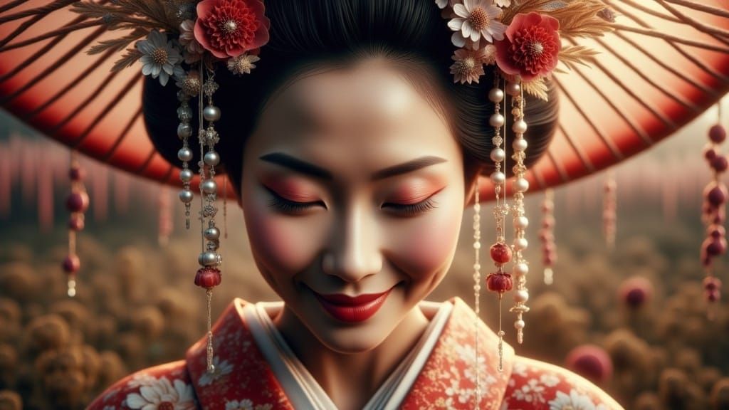 Enigmatic Geisha in Crimson and Gold: Photorealistic Fine Ar...