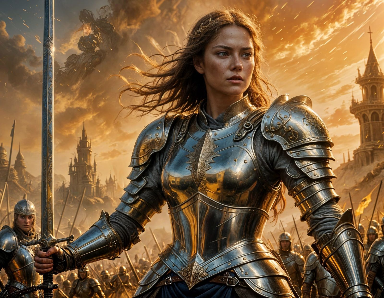 Epic Fantasy Warrior Princess in Golden Armor