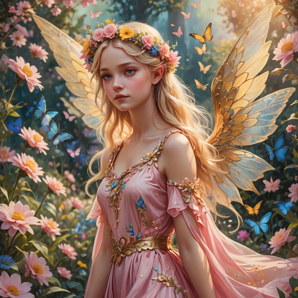 Blonde Fairy in Flower Garden, Digital Art