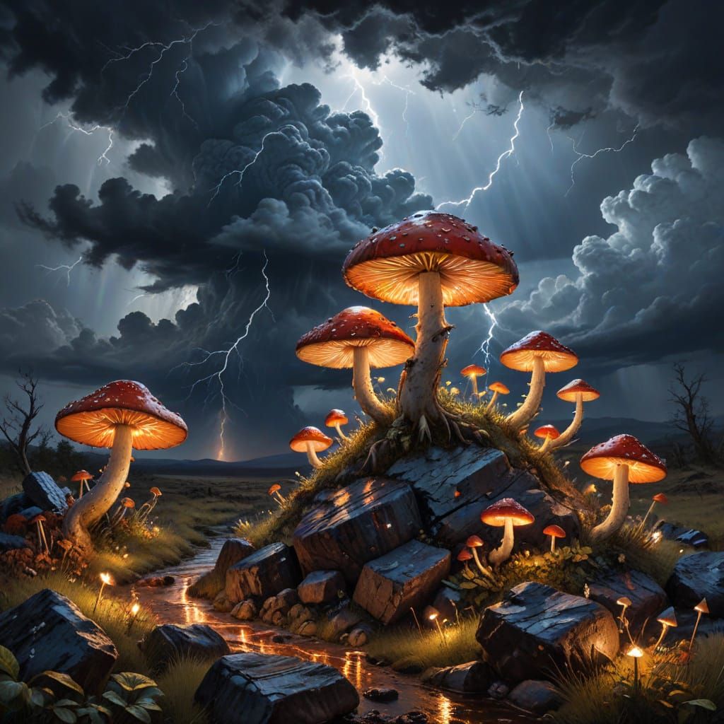 Epic Stormy Landscape with Radiant Sun and Glowing Mushrooms