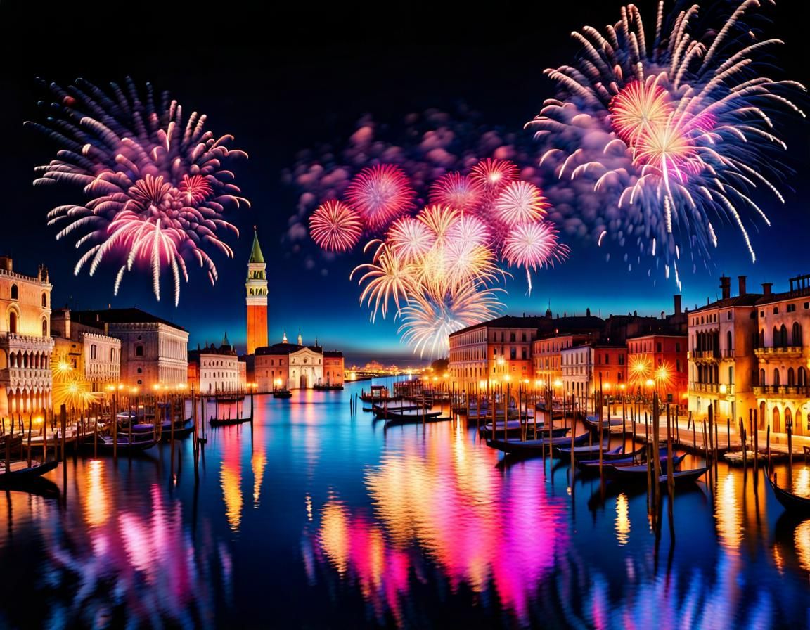 Venice New Year Fireworks in Photorealistic Style