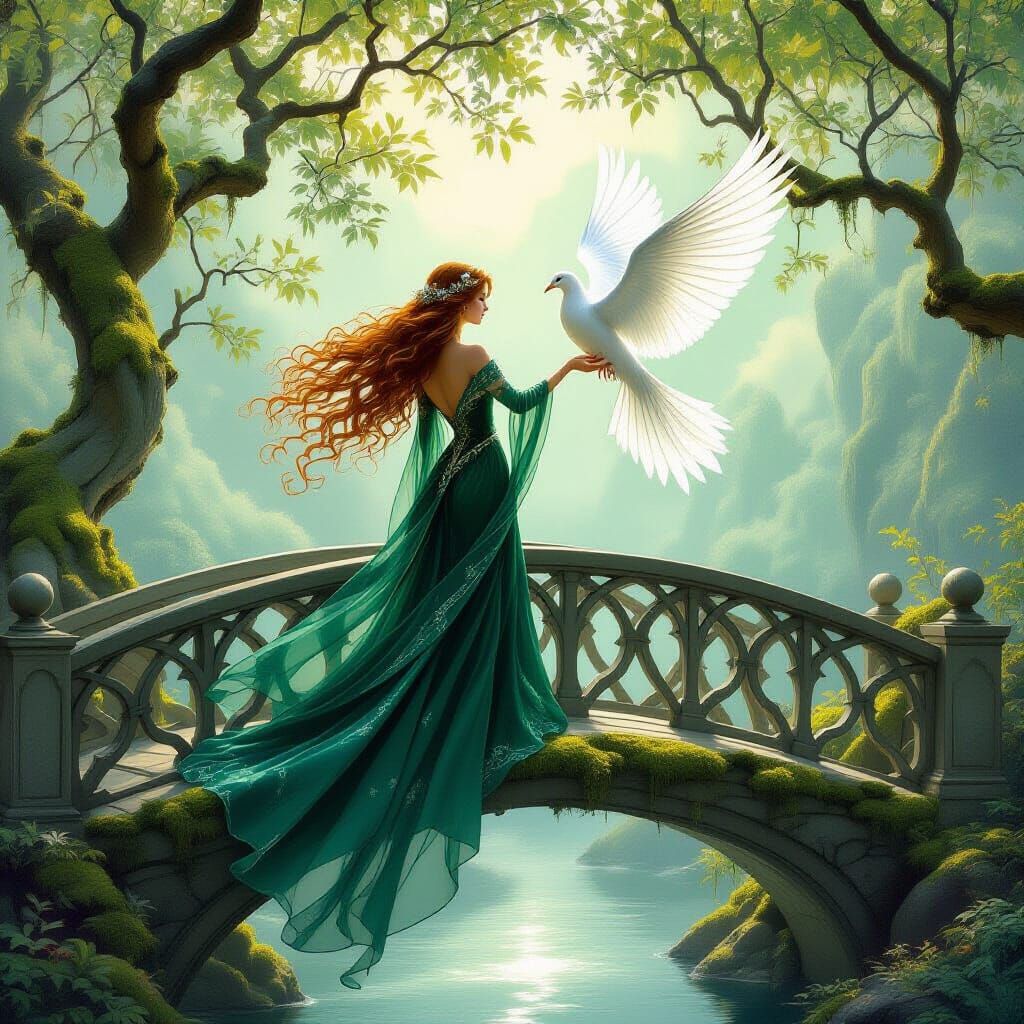 Elegant Lady in Emerald Gown on Mossy Bridge