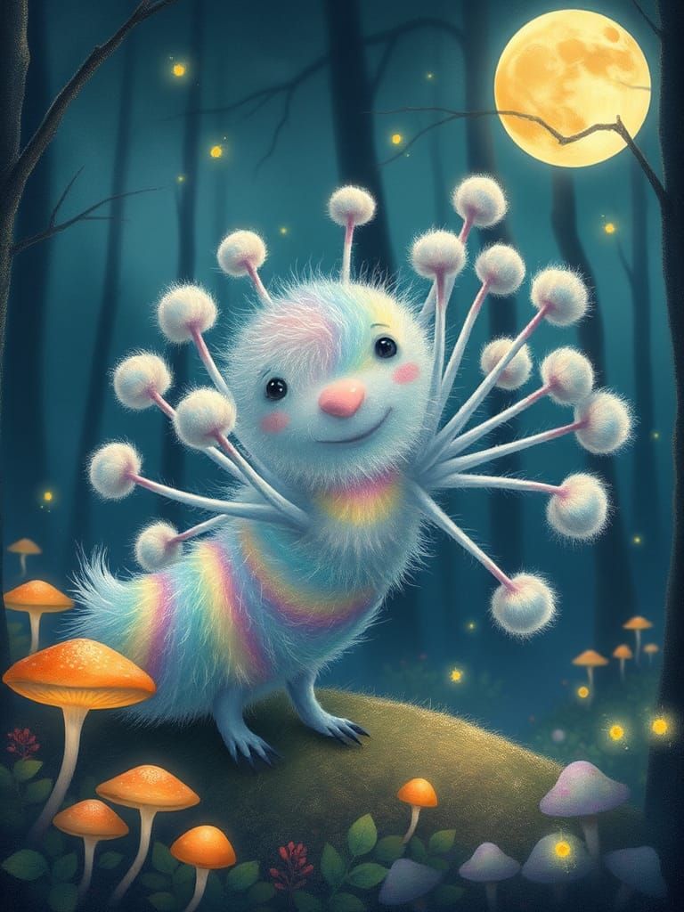 Whimsical Rainbow Tickle Creature in Moonlit Forest