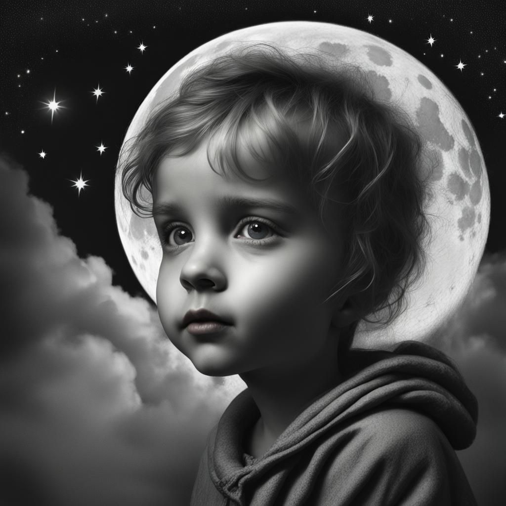 Moonlit Child Face Reflecting Night's Magic